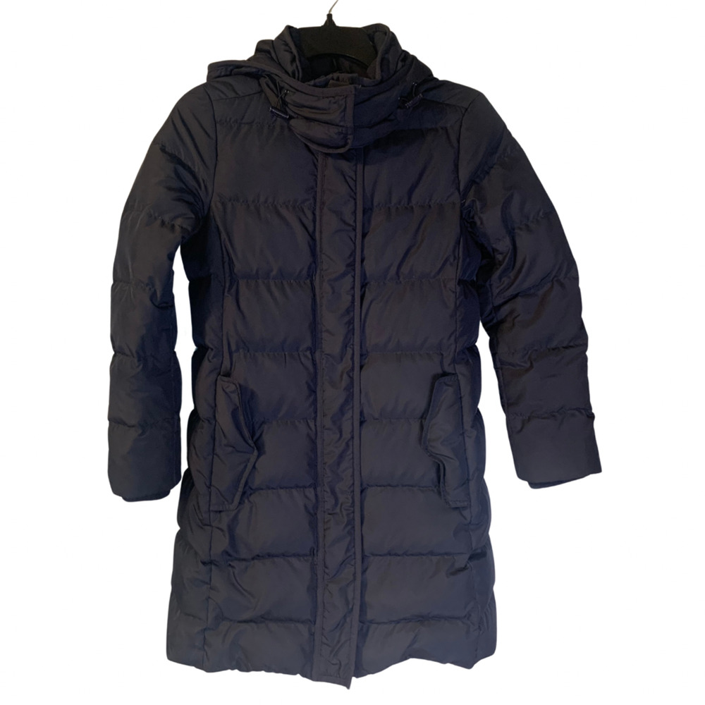 J. Crew Women's Down Puffer Coat Petite Size PXS Navy Blue Mid Length Hood Belt